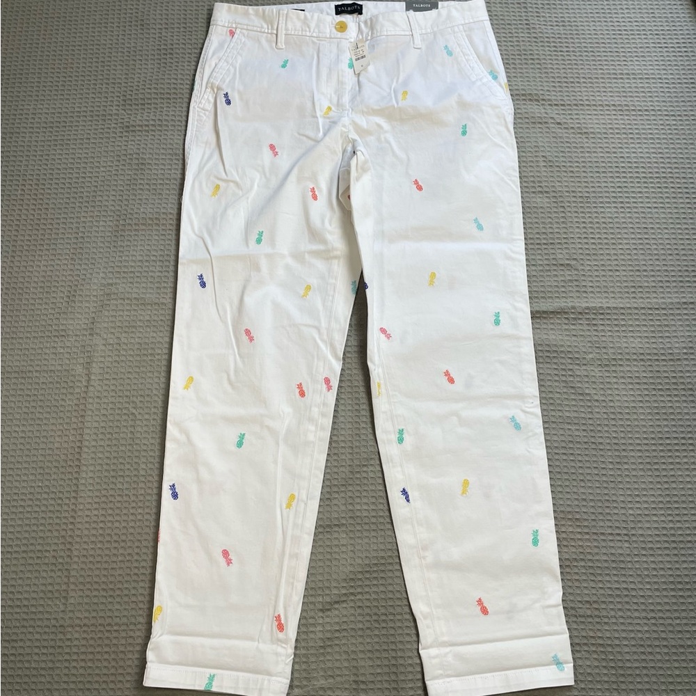 New Talbots Relaxed Chino Pants 6 White Multicolor Embroidered Pineapple Stretch